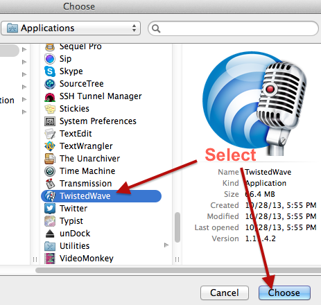 Select TwistedWave in Automator